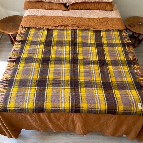 Faribo Fluff Loomed Yellow Gray Brown Wool Plaid Checkered Fringe Blanket Throw - Picture 1 of 11